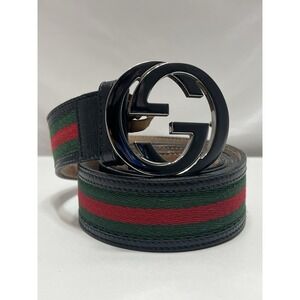 GUCCI - Green/Red Web Fabric and Leather Interlocking G Buckle Belt Sz 105-42